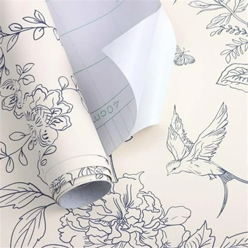 Cream White and Blue Floral Wallpaper Peel and Stick Wallpaper 17.7